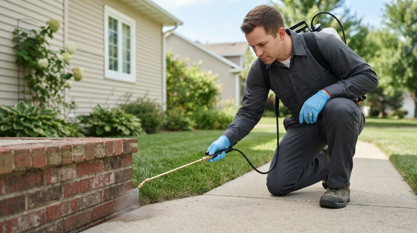 Pest control technician treating a home near Reynolds, ND