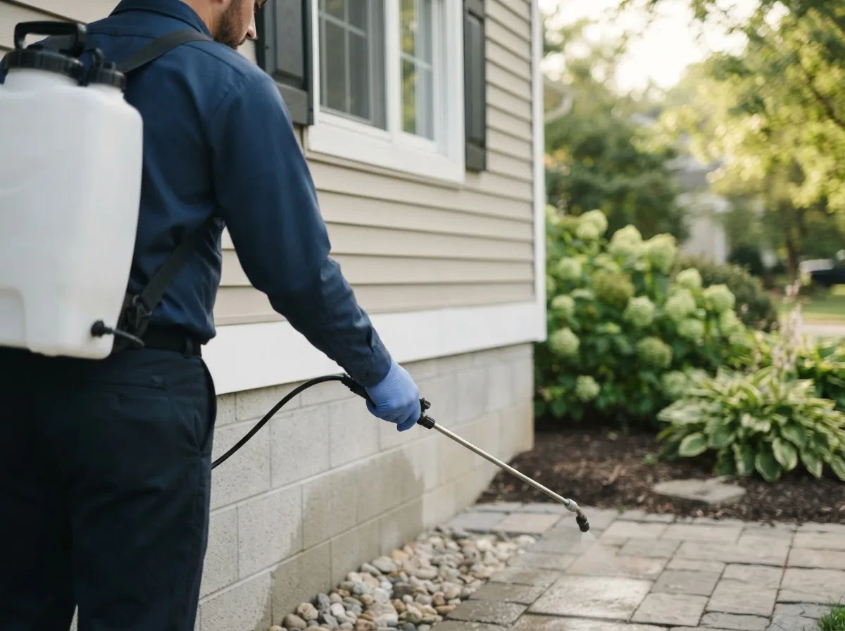 Pest control technician inspecting a home in Reynolds, ND